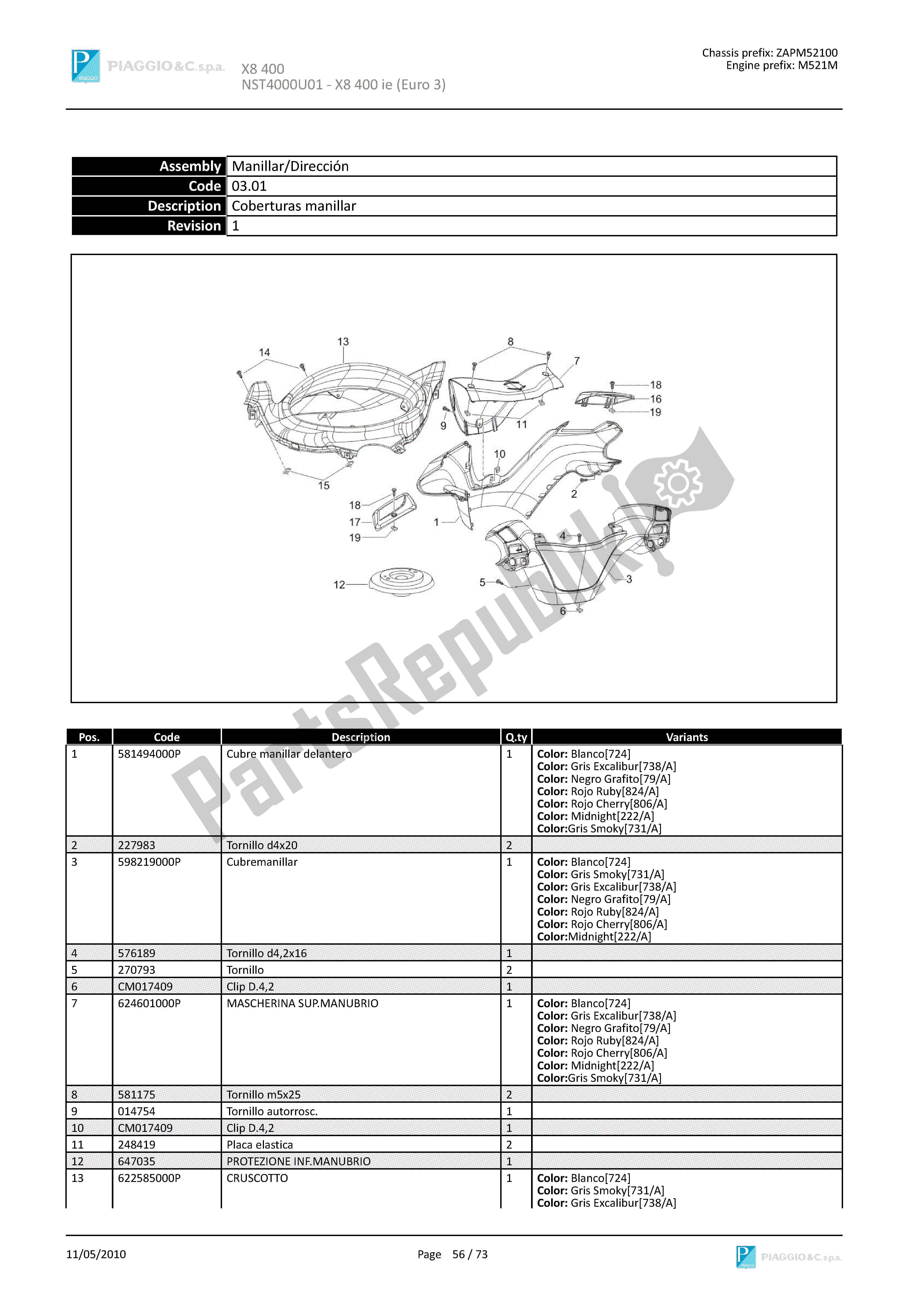 Todas las partes para Coberturas Manillar de Piaggio X8 400 2005 - 2008