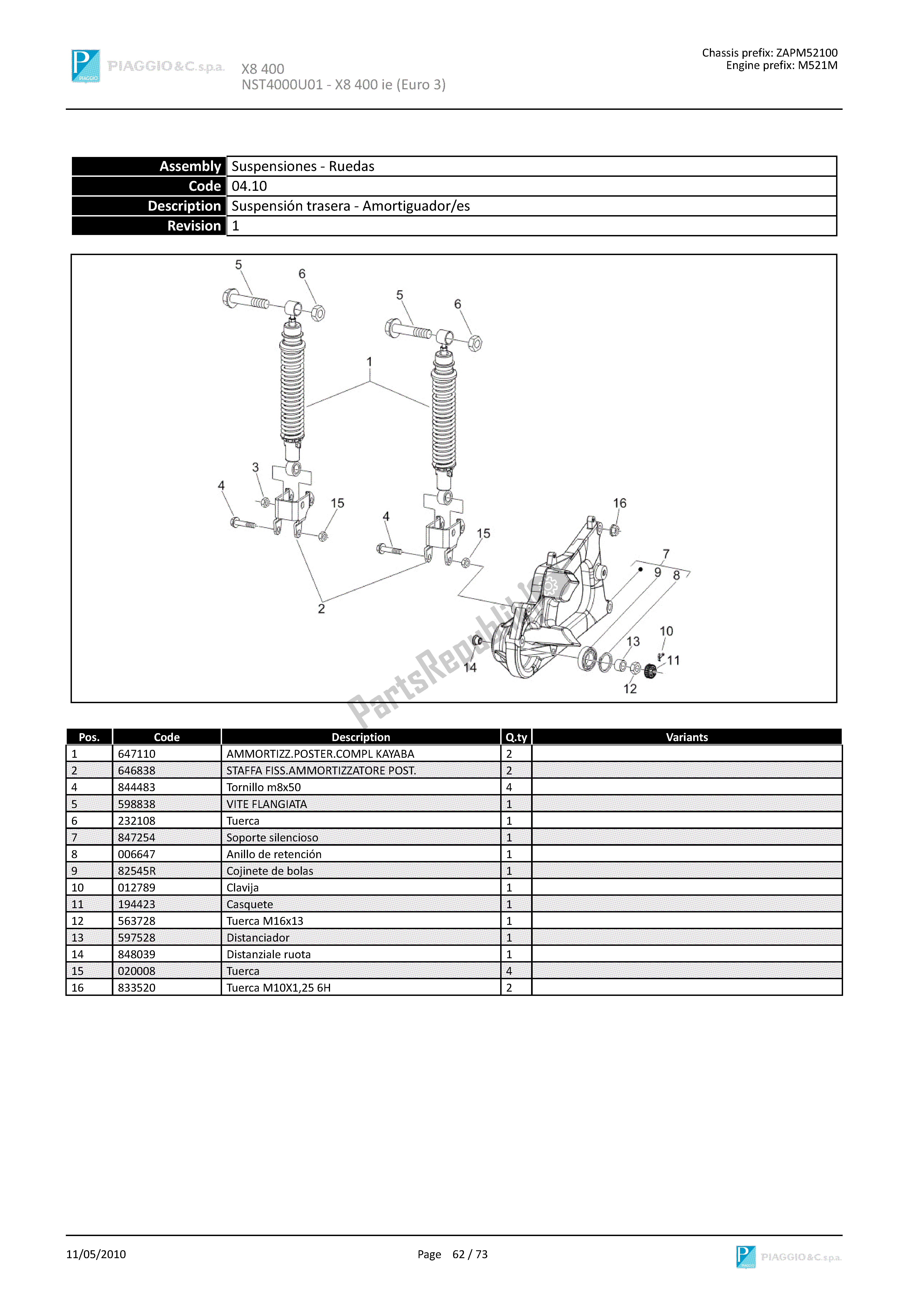 Todas las partes para Suspensión Trasera-amortiguador/es de Piaggio X8 400 2005 - 2008