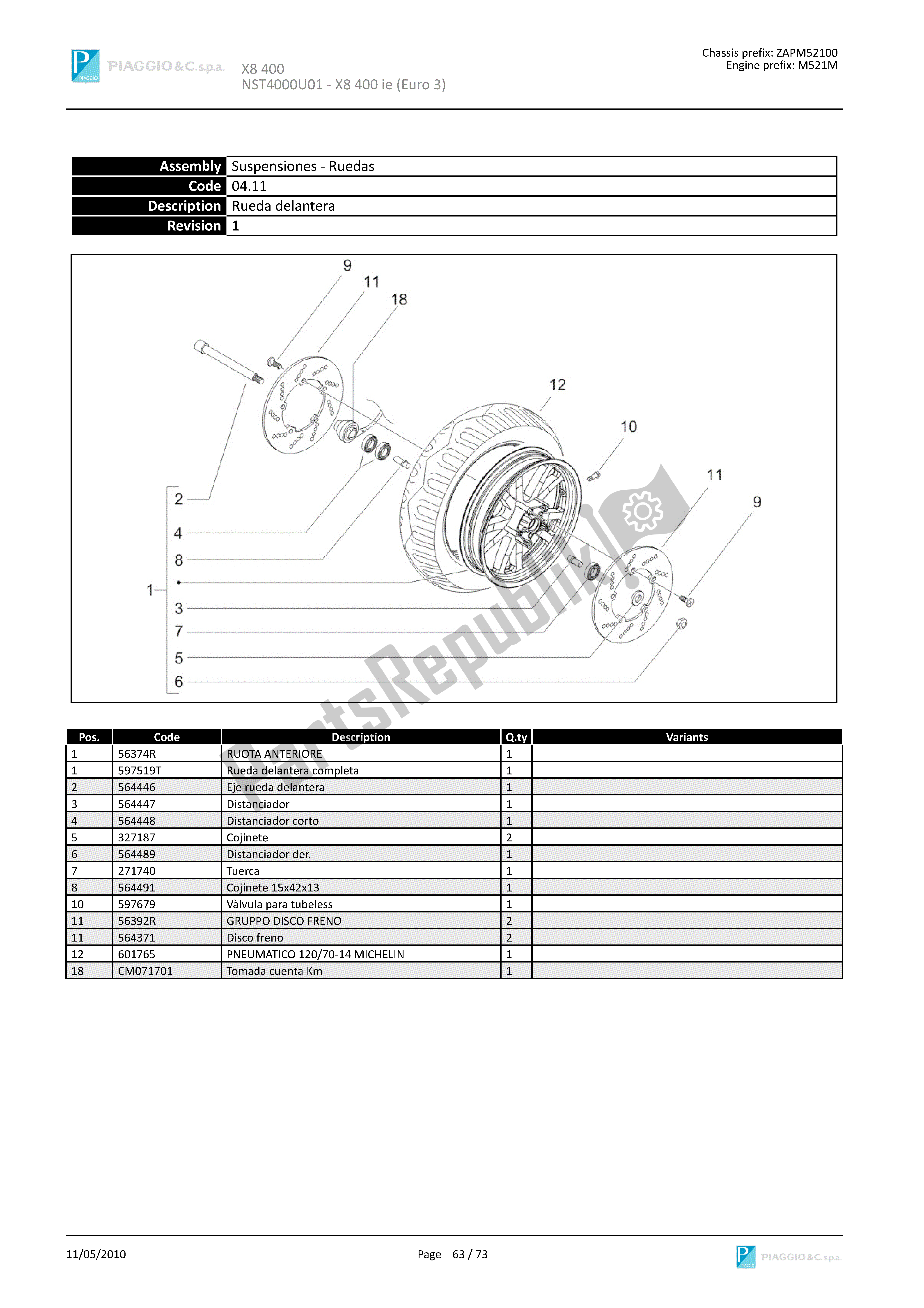 Todas las partes para Rueda Delantera de Piaggio X8 400 2005 - 2008