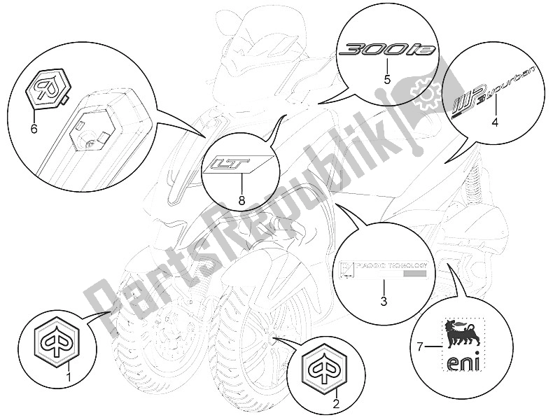 All parts for the Plates - Emblems of the Piaggio MP3 300 Yourban LT ERL 2011