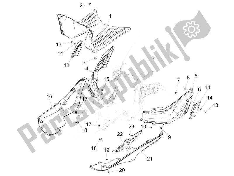 Toutes les pièces pour le Housse Centrale - Repose-pieds du Piaggio Liberty 50 Iget 4T 3V Emea 2015