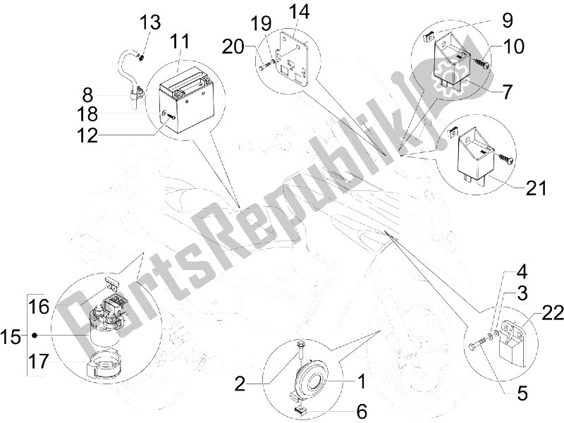 All parts for the Remote Control Switches - Battery - Horn of the Piaggio X8 400 IE Euro 3 UK 2006