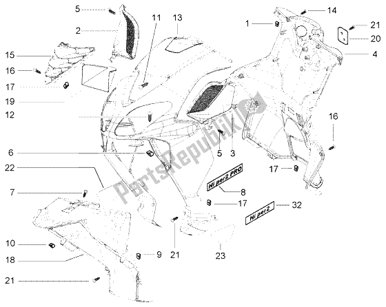 All parts for the Front Shield of the Piaggio NRG Power DT 50 1998