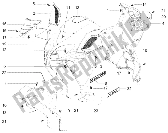 All parts for the Front Shield of the Piaggio NRG Power DT 50 1998