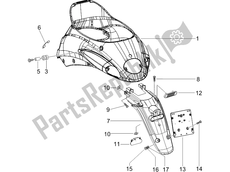 Toutes les pièces pour le Capot Arrière - Protection Contre Les éclaboussures du Piaggio Liberty 125 4T PTT E3 A 2007