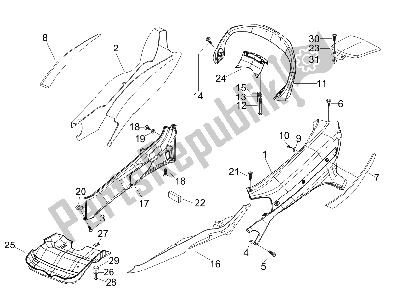 Toutes les pièces pour le Couvercle Latéral - Spoiler du Piaggio X8 125 Premium Euro 3 UK 2007