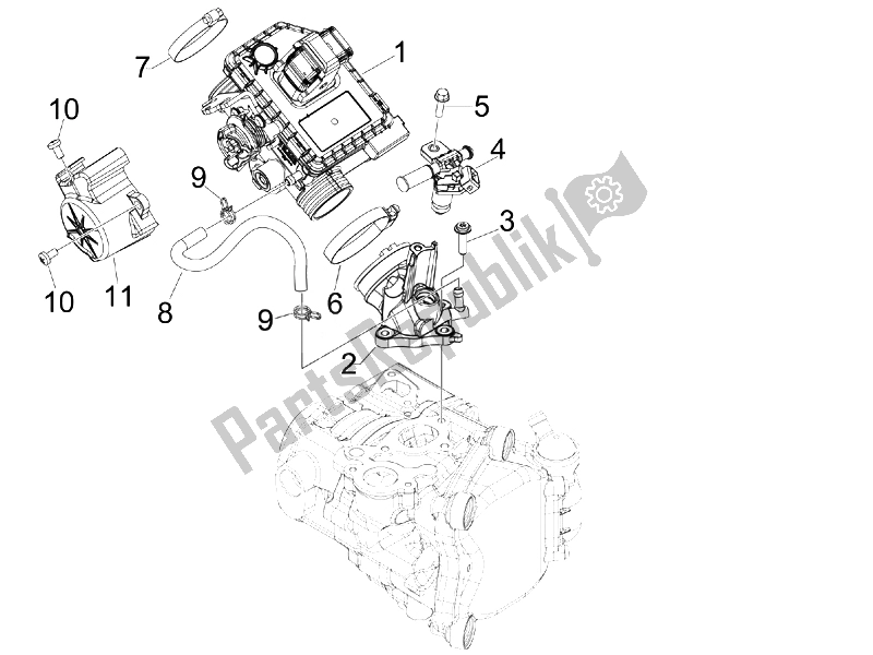 All parts for the Throttle Body - Injector - Union Pipe of the Piaggio MP3 300 4T 4V IE ERL Ibrido 2010