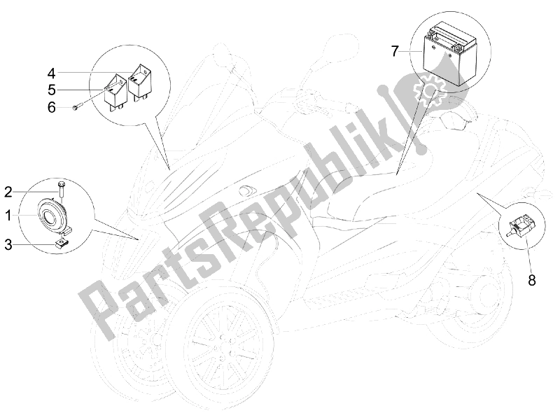 Tutte le parti per il Interruttori Del Telecomando - Batteria - Avvisatore Acustico del Piaggio MP3 300 4T 4V IE LT Ibrido 2010