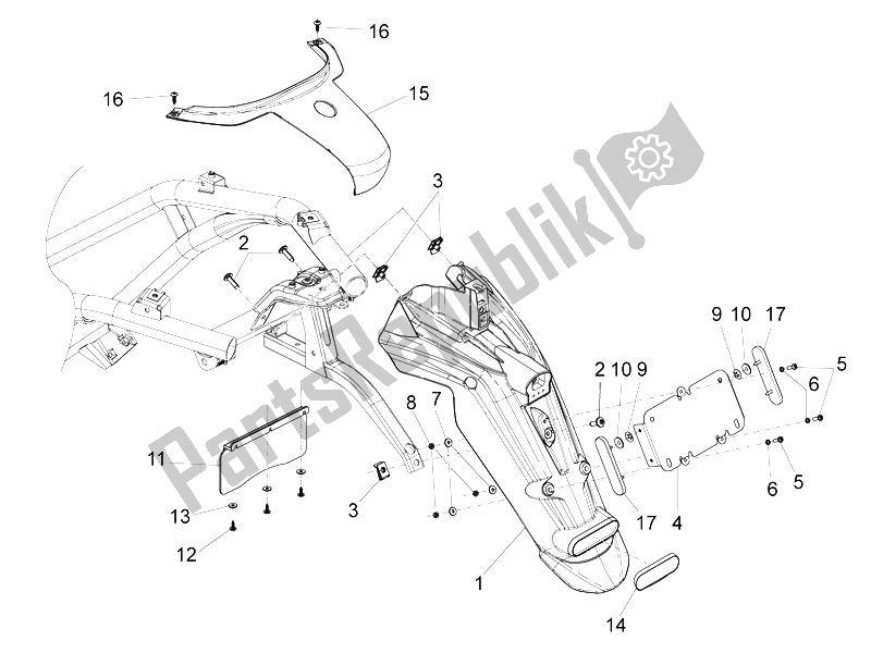 Toutes les pièces pour le Capot Arrière - Protection Contre Les éclaboussures du Piaggio BV 350 4T 4V IE E3 ABS USA 2015