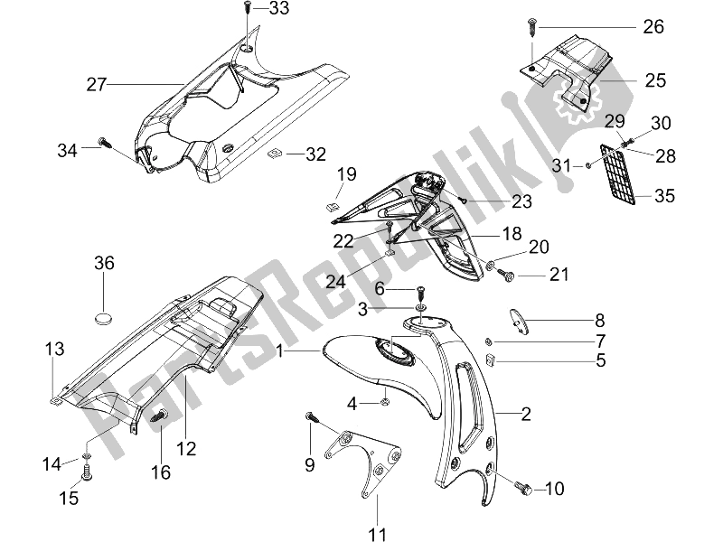 Toutes les pièces pour le Capot Arrière - Protection Contre Les éclaboussures du Piaggio NRG Power DT 50 2006