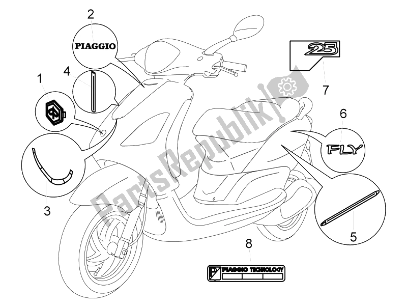 Toutes les pièces pour le Plaques - Emblèmes du Piaggio FLY 50 4T 25 30 KMH 2008