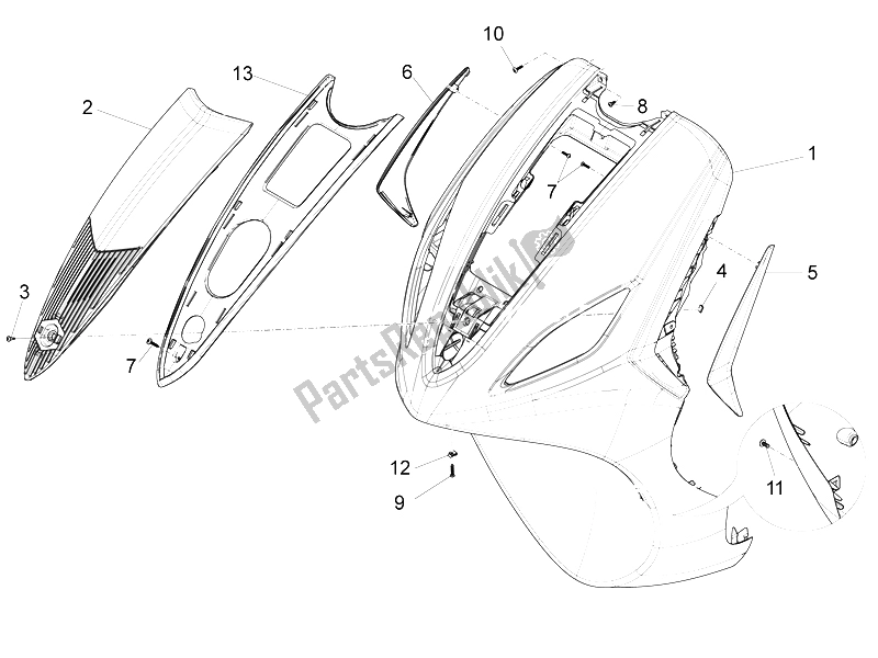 All parts for the Front Shield of the Piaggio FLY 50 4T 2V 25 30 KMH 2012