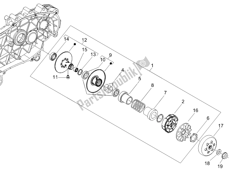 All parts for the Driven Pulley of the Piaggio Beverly 125 Sport E3 2007