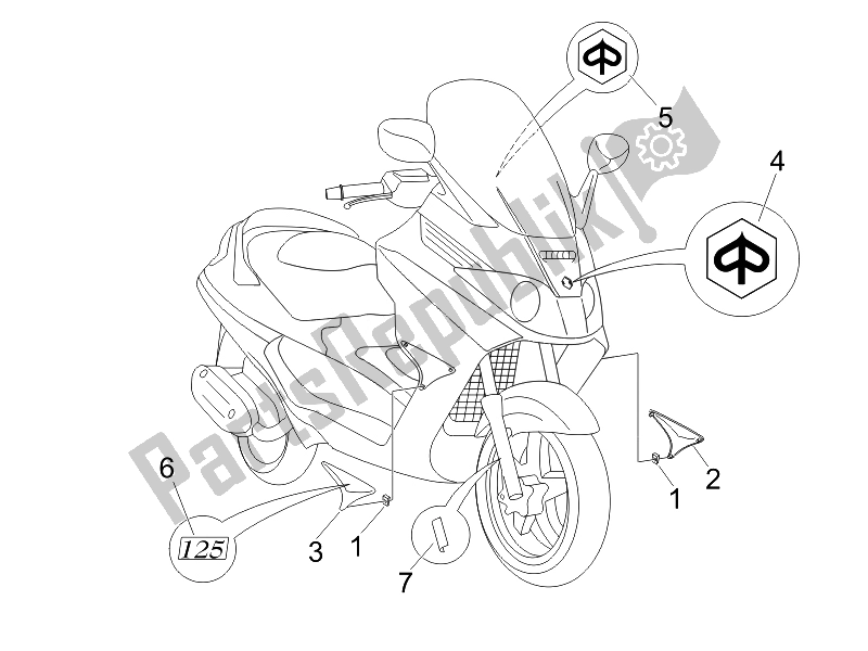 Alle onderdelen voor de Borden - Emblemen van de Piaggio X8 125 Premium Euro 3 UK 2007