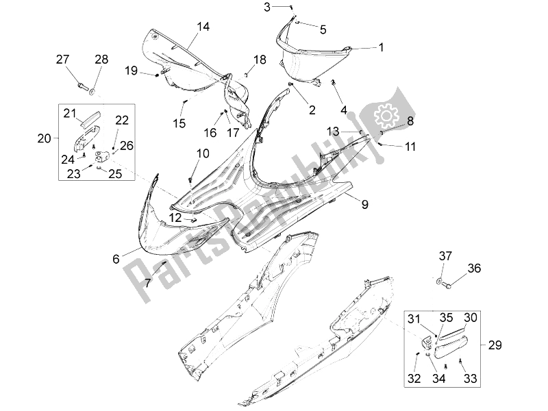 Todas las partes para Cubierta Central - Reposapiés de Piaggio FLY 125 4T 3V IE Vietnam 2014