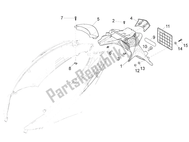 Toutes les pièces pour le Capot Arrière - Protection Contre Les éclaboussures du Piaggio FLY 50 4T 2V 25 30 KMH 2016