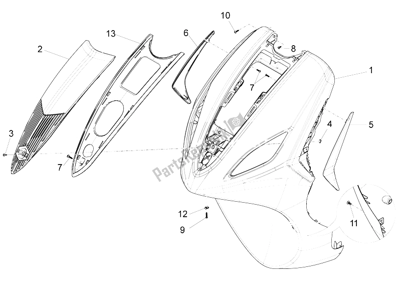 All parts for the Front Shield of the Piaggio FLY 125 4T 3V IE E3 LEM 2012