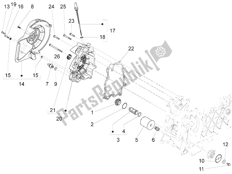 Alle onderdelen voor de Vliegwiel Magneto Deksel - Oliefilter van de Piaggio FLY 150 4T 3V IE USA 2016