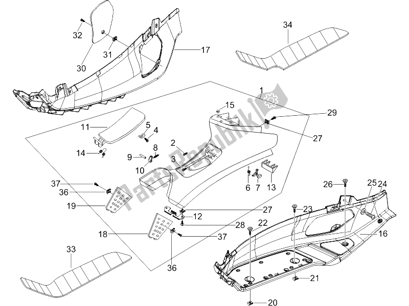 All parts for the Central Cover - Footrests of the Piaggio X8 125 Potenziato UK 2005