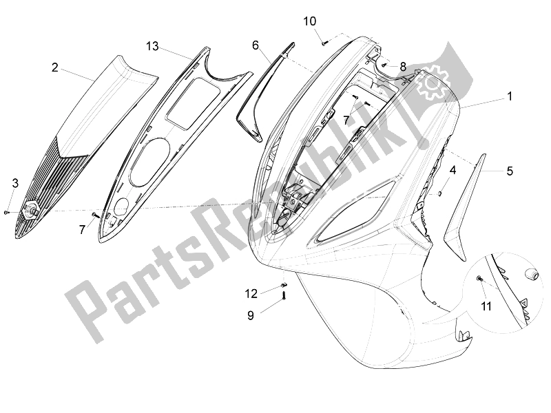 All parts for the Front Shield of the Piaggio FLY 125 4T 3V IE E3 DT 2014