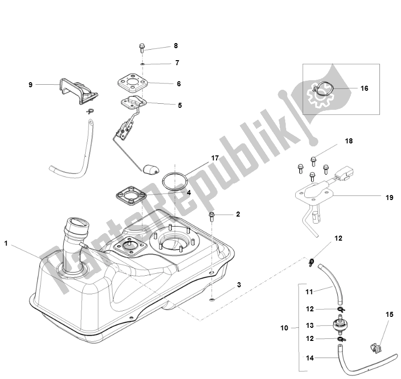 All parts for the Fuel Tank of the Piaggio FLY 50 4T 2V 25 KMH 2012 2015 NEW 2000 - 2010