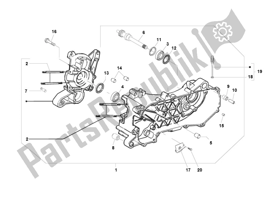 All parts for the Crankcase of the Piaggio Liberty 50 4T MOC 2009 2016 2000 - 2010