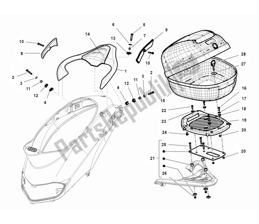 All parts for the Top Box of the Piaggio Liberty 50 4T MOC 2009 2016 2000 - 2010