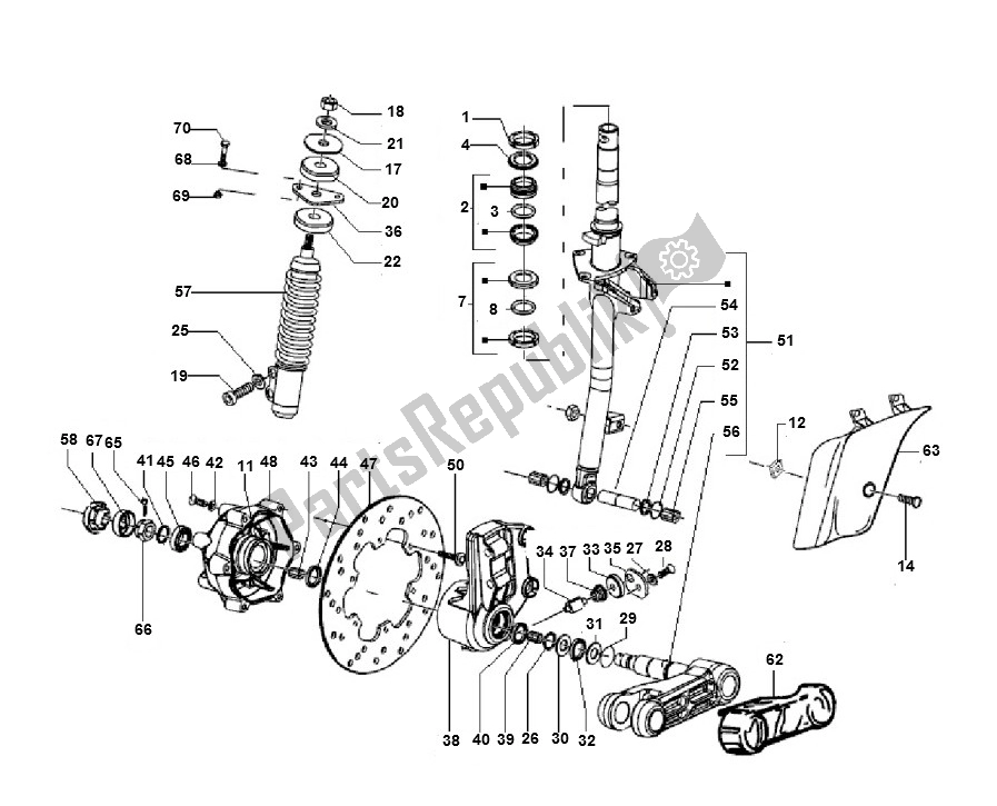 All parts for the Front Fork of the Piaggio LX 2V 25 KM H 50 2000 - 2010