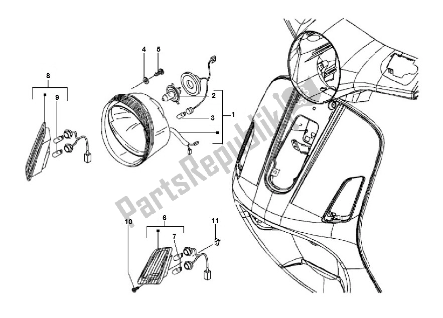 All parts for the Headlight of the Piaggio LX 2V Touring 25 KM H 50 2000 - 2010