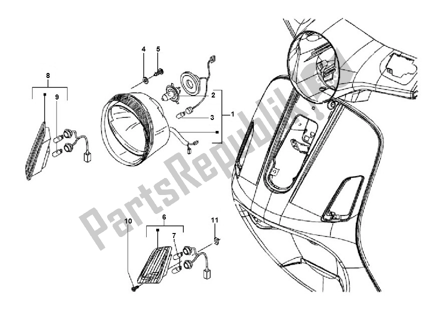 All parts for the Headlight of the Piaggio LX 4V 45 KM 50 2000 - 2010