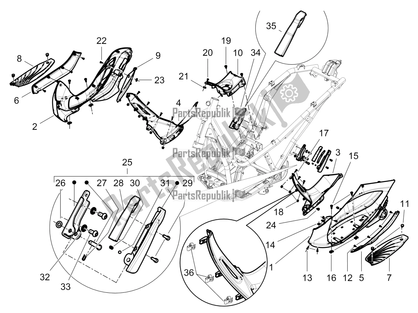 All parts for the Central Cover - Footrests of the Piaggio Beverly 300 IE ABS 2019