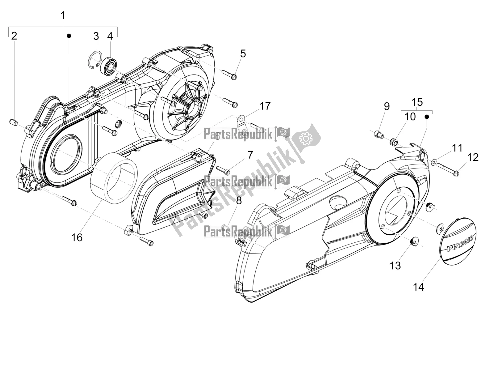 Alle onderdelen voor de Carterafdekking - Carter Koeling van de Piaggio Beverly 300 IE ABS 2019