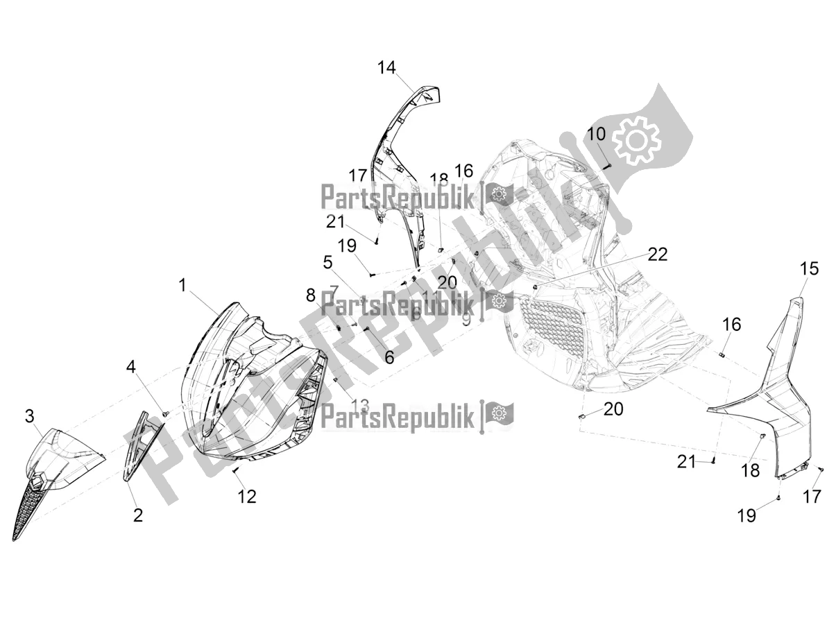All parts for the Front Shield of the Piaggio Beverly 300 IE HPE ABS 2022
