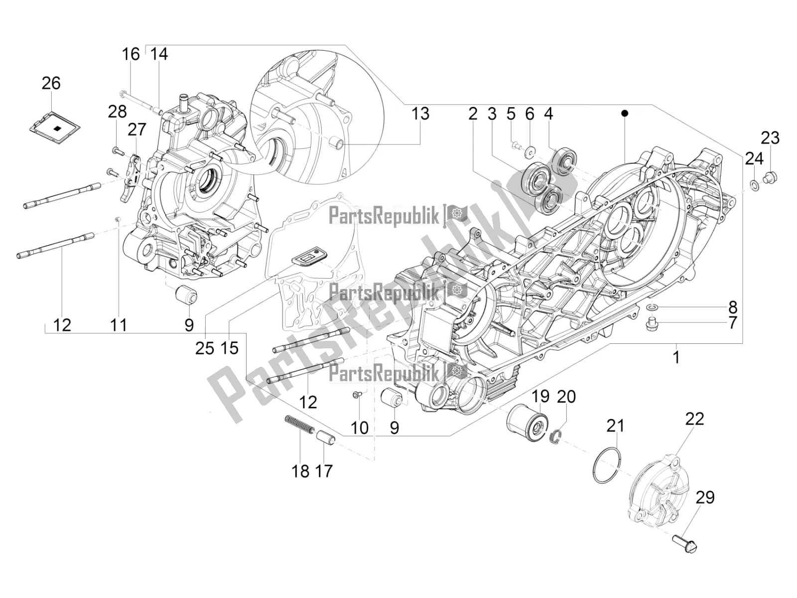 All parts for the Crankcase of the Piaggio Beverly 350 4V IE 2019