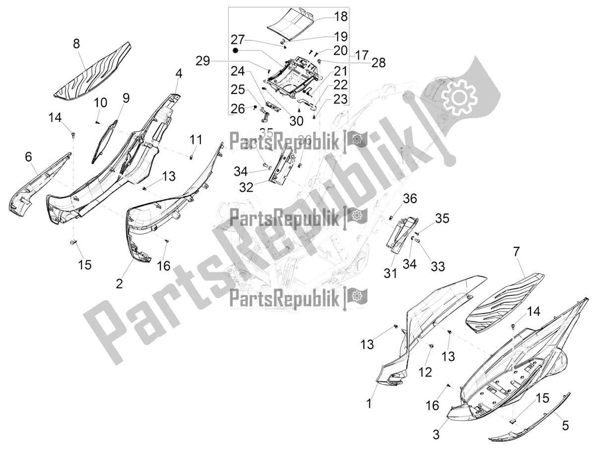 Tutte le parti per il Copertura Centrale - Poggiapiedi del Piaggio Beverly 400 ABS Apac 2022