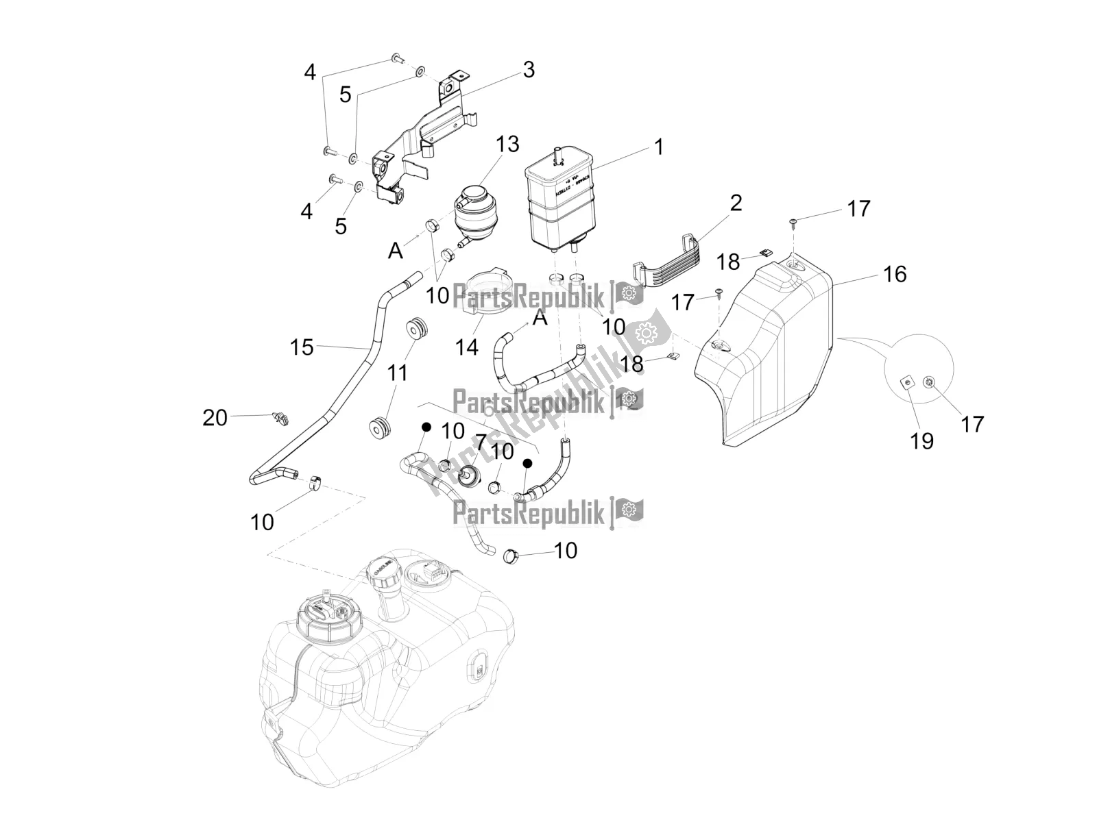 Toutes les pièces pour le Système Anti-percolation du Piaggio BV 350 4T 4V IE E3 ABS USA / CA 2016