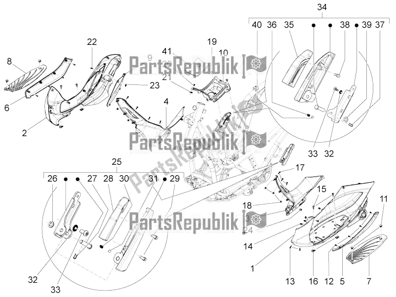 Toutes les pièces pour le Housse Centrale - Repose-pieds du Piaggio BV 350 4T 4V IE E3 ABS USA / CA 2016