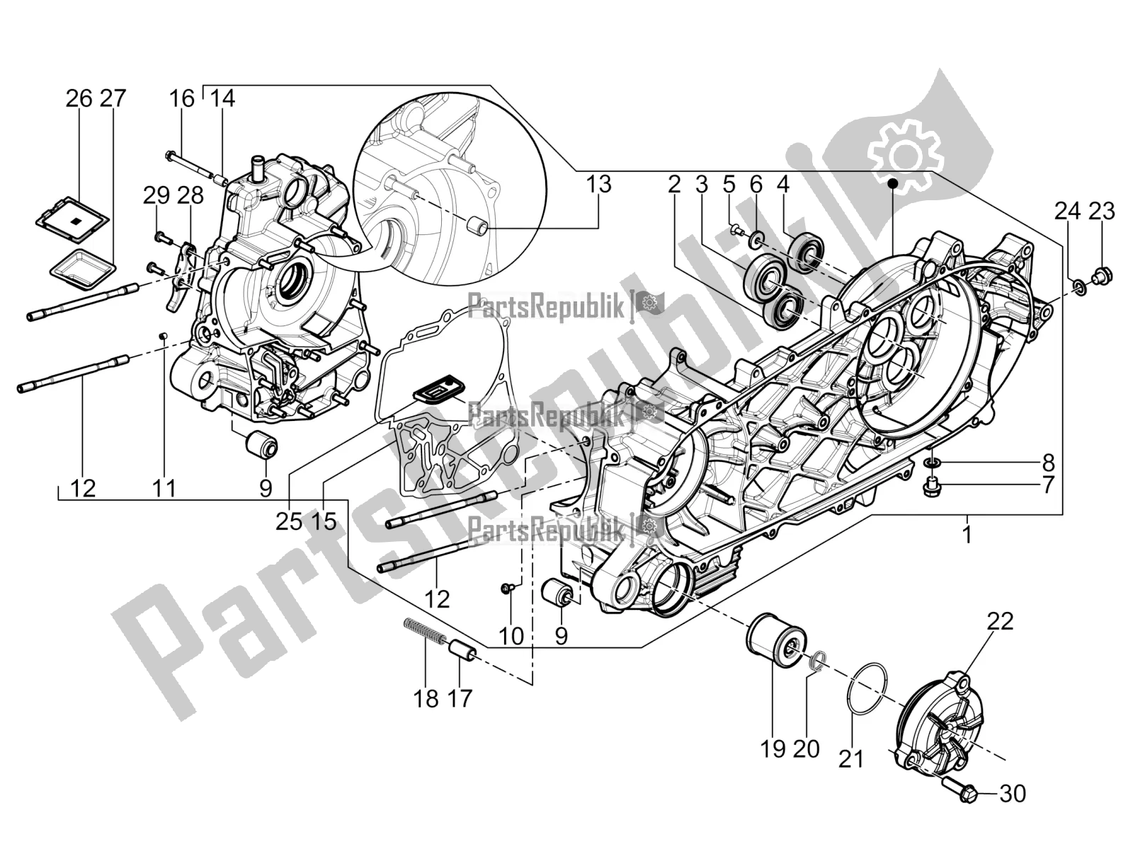 Toutes les pièces pour le Carter du Piaggio BV 350 4T 4V IE E3 ABS USA / CA 2016