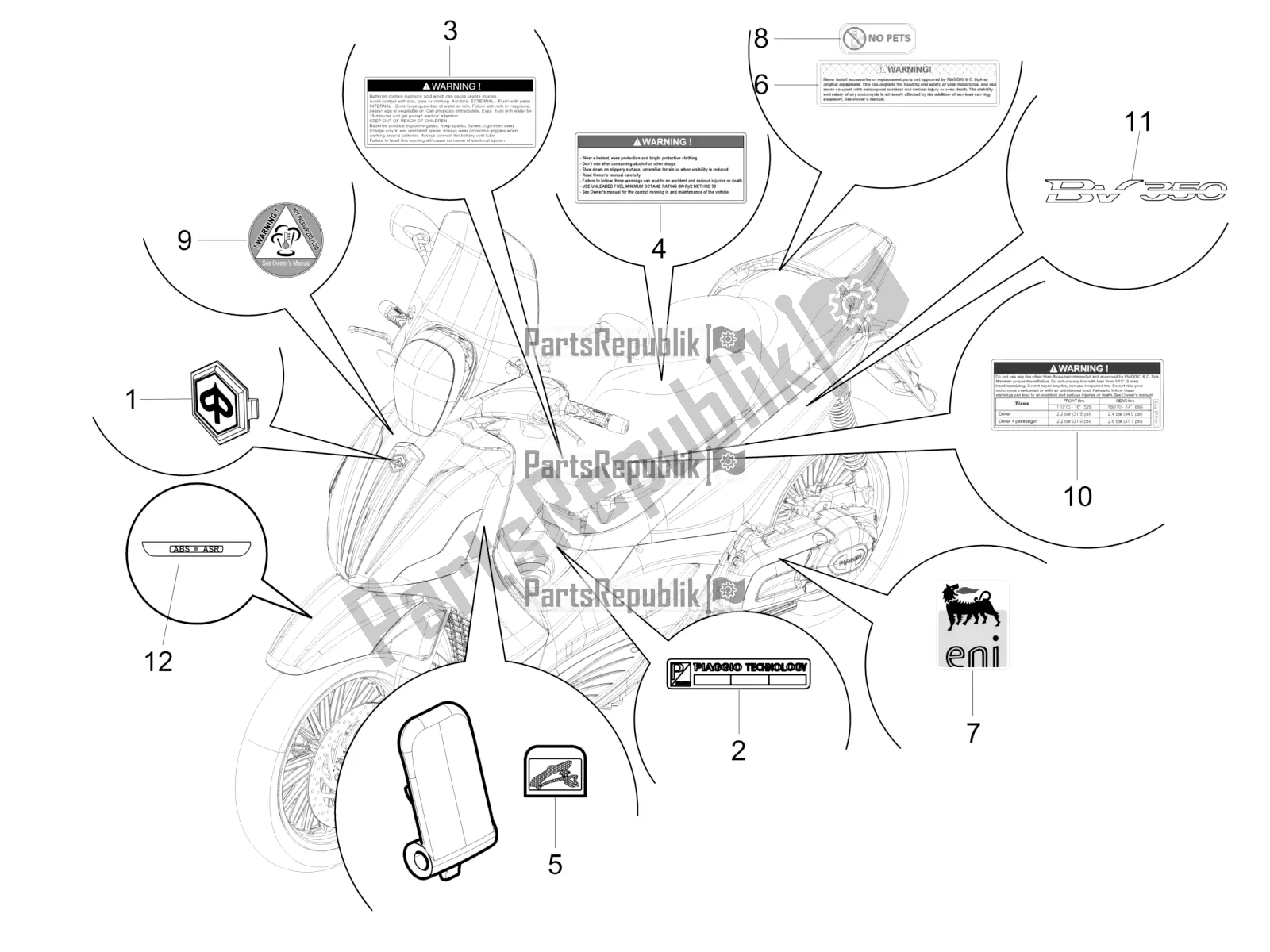 Toutes les pièces pour le Plaques - Emblèmes du Piaggio BV 350 4T 4V IE E3 ABS USA / CA 2016