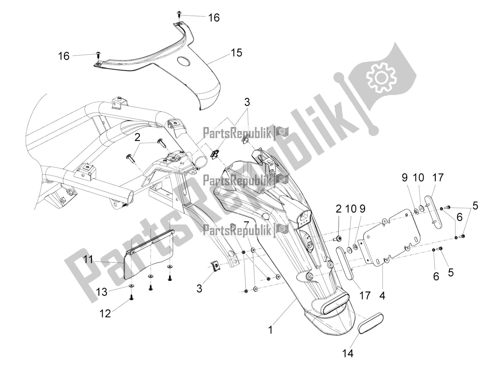 Toutes les pièces pour le Capot Arrière - Protection Contre Les éclaboussures du Piaggio BV 350 4T 4V IE E3 ABS USA / CA 2016