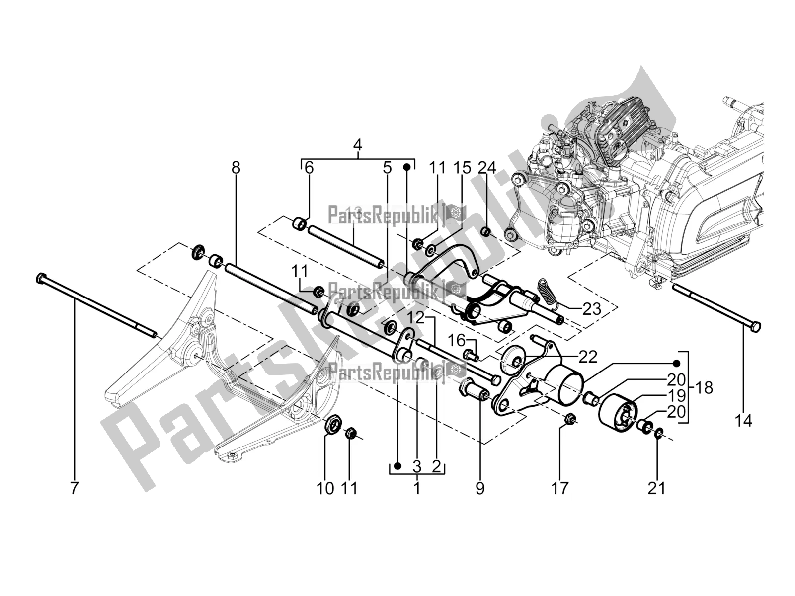 All parts for the Swinging Arm of the Piaggio BV 350 4T 4V IE E3 ABS USA / CA 2016