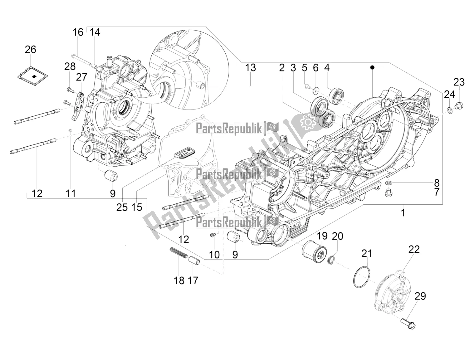 Tutte le parti per il Carter del Piaggio BV 350 4T 4V IE E4 ABS USA / CA 2017