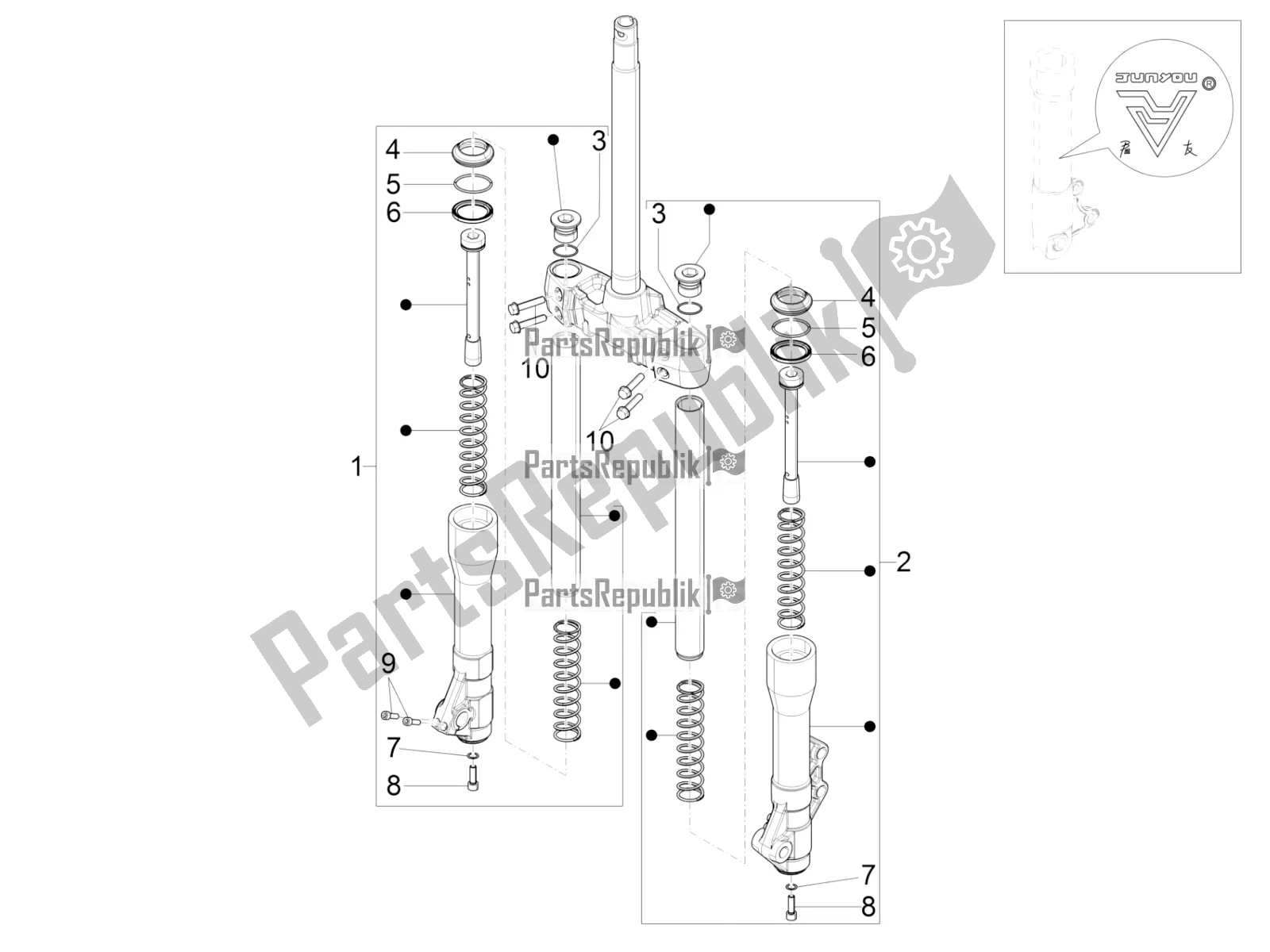 Todas las partes para Componentes De La Horquilla (mingxing) de Piaggio BV 350 4T 4V IE E4 ABS USA / CA 2017