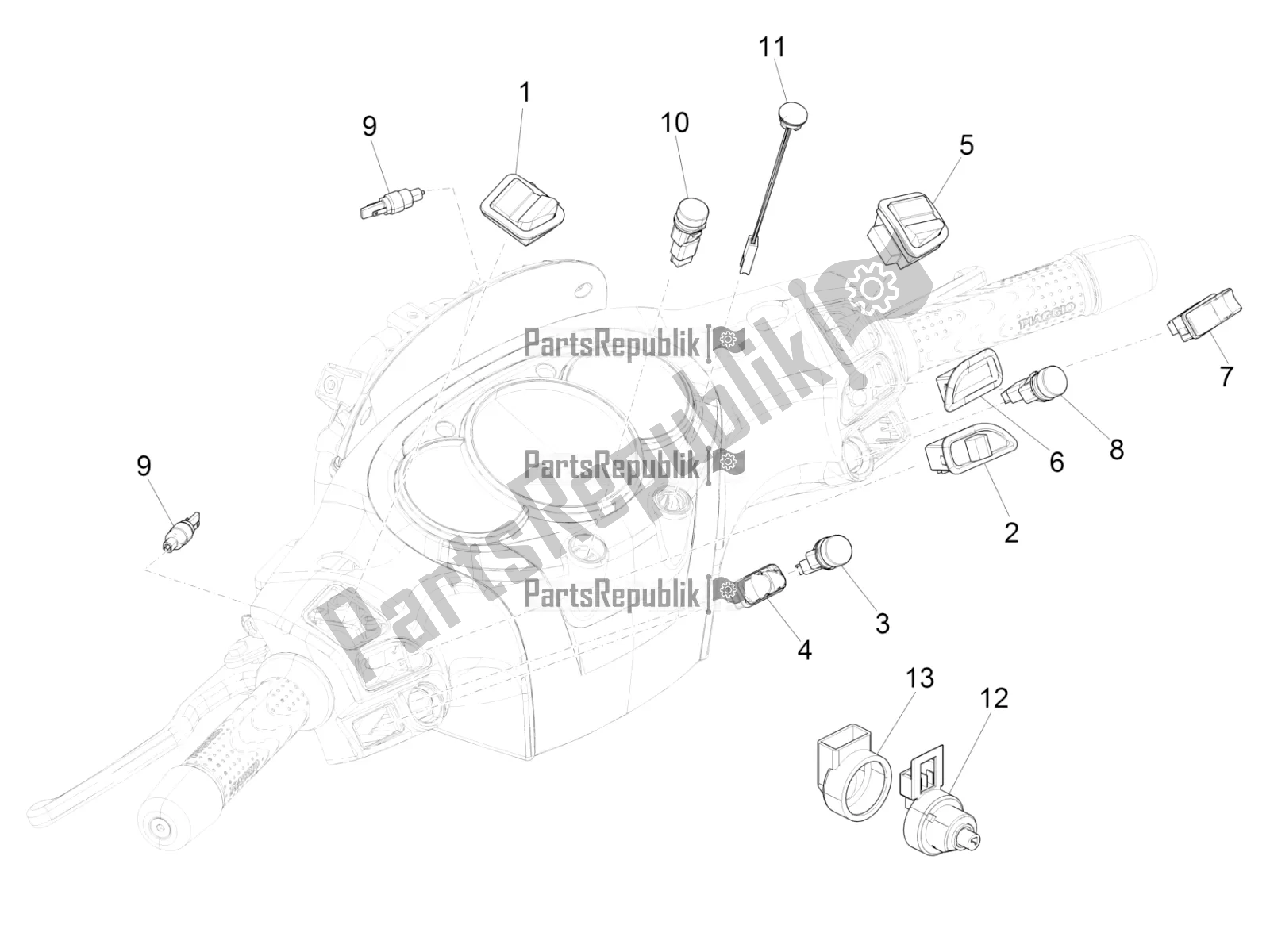 Todas as partes de Seletores - Interruptores - Botões do Piaggio BV 350 4T 4V IE E4 ABS USA / CA 2017