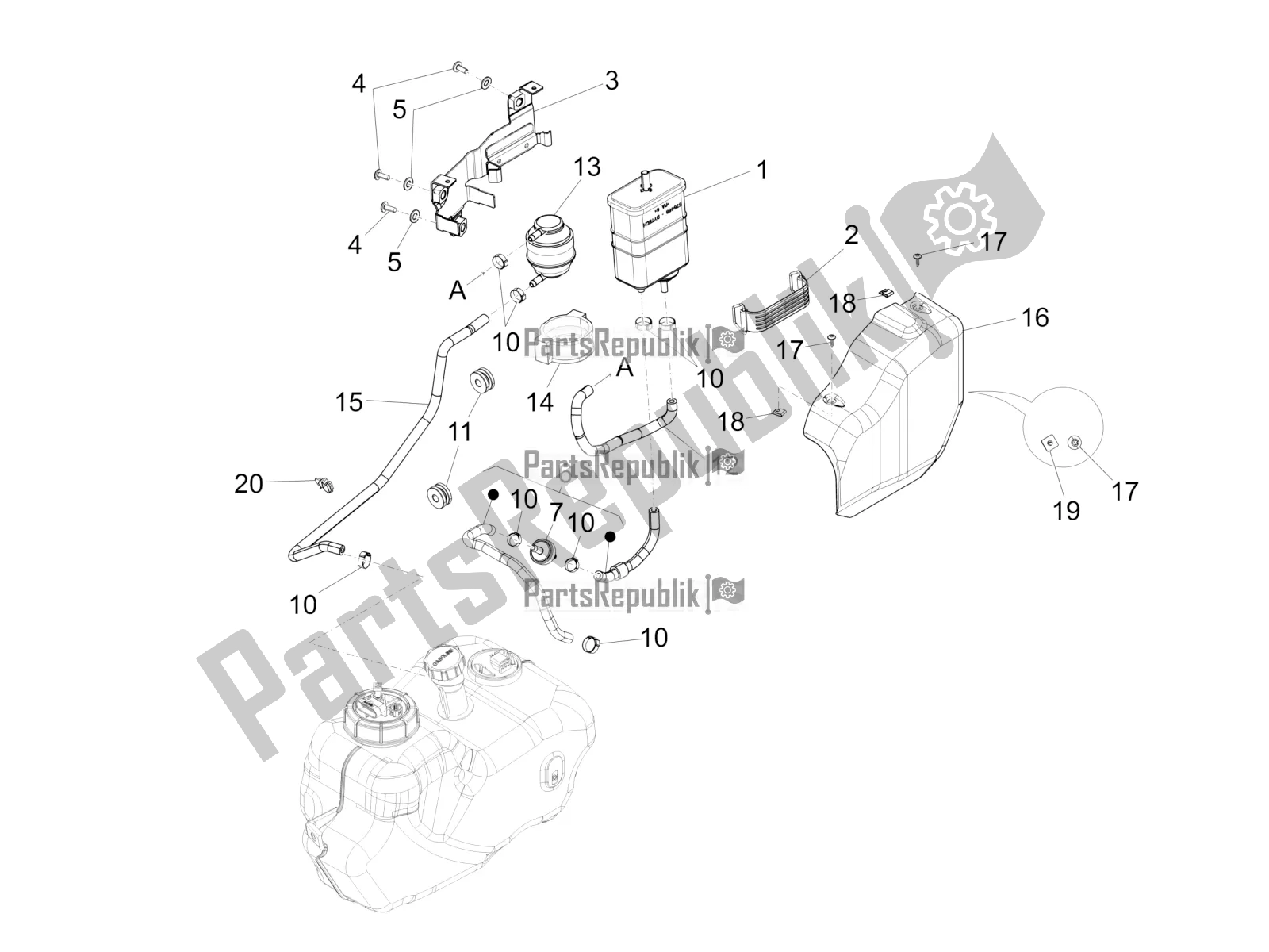 All parts for the Anti-percolation System of the Piaggio BV 350 4T 4V IE E4 ABS USA / CA 2018