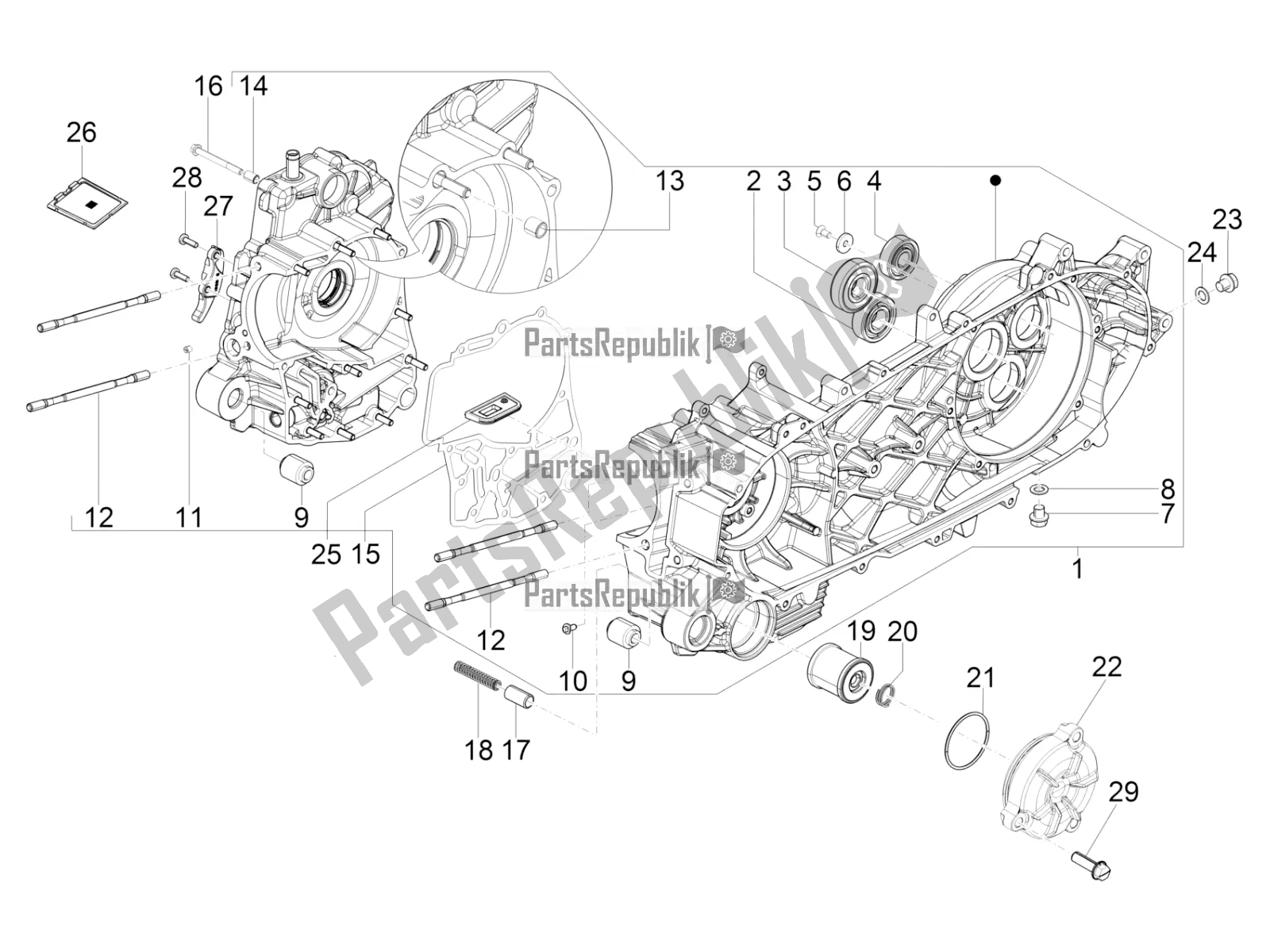 Toutes les pièces pour le Carter du Piaggio BV 350 4T 4V IE E4 ABS USA / CA 2018