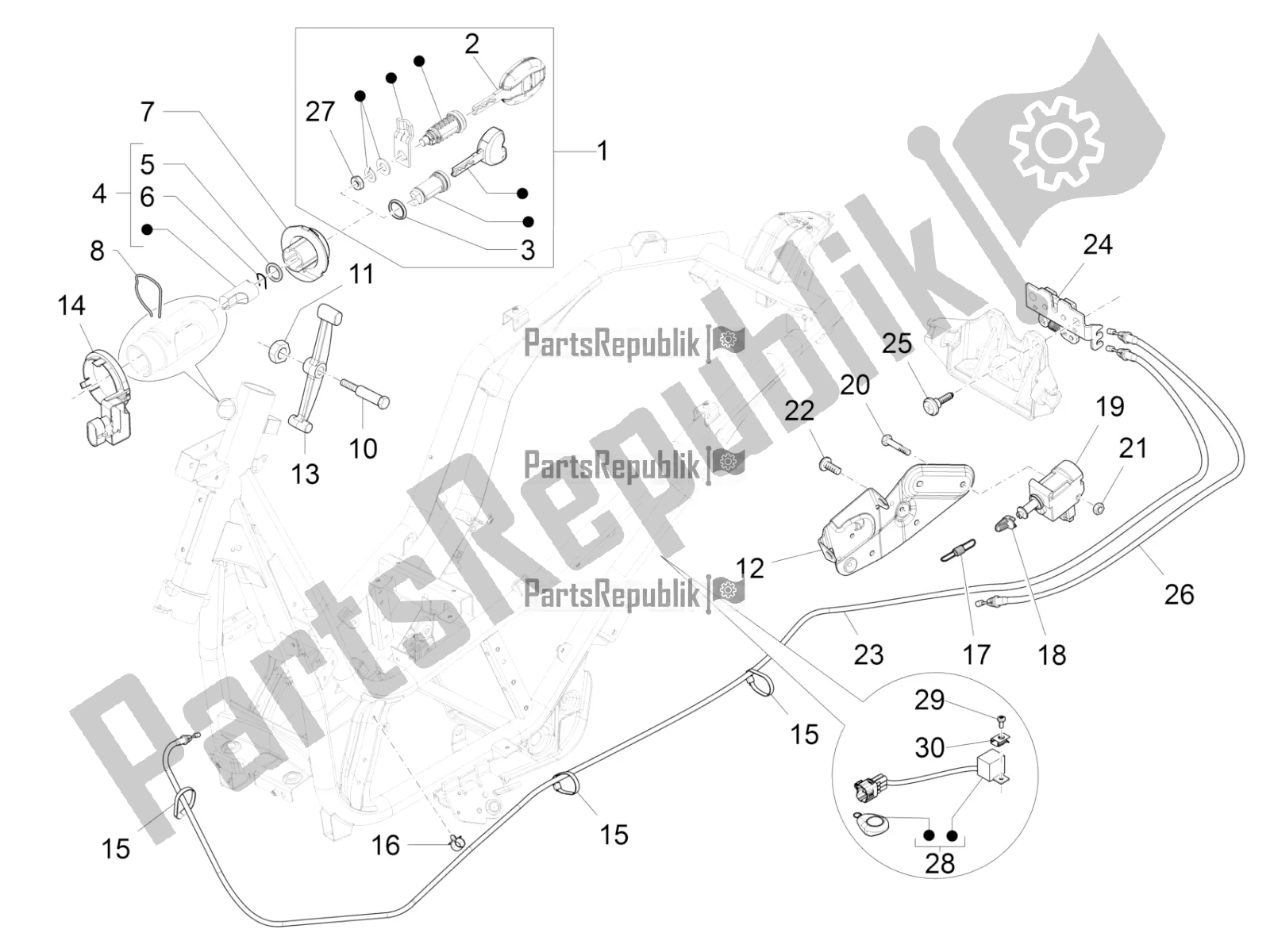 Toutes les pièces pour le Serrures du Piaggio BV 350 4T 4V IE E4 ABS USA / CA 2018