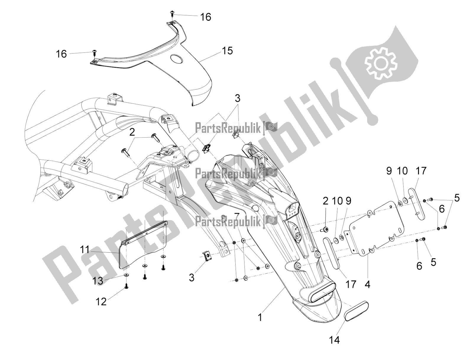 All parts for the Rear Cover - Splash Guard of the Piaggio BV 350 4T 4V IE E4 ABS USA / CA 2018