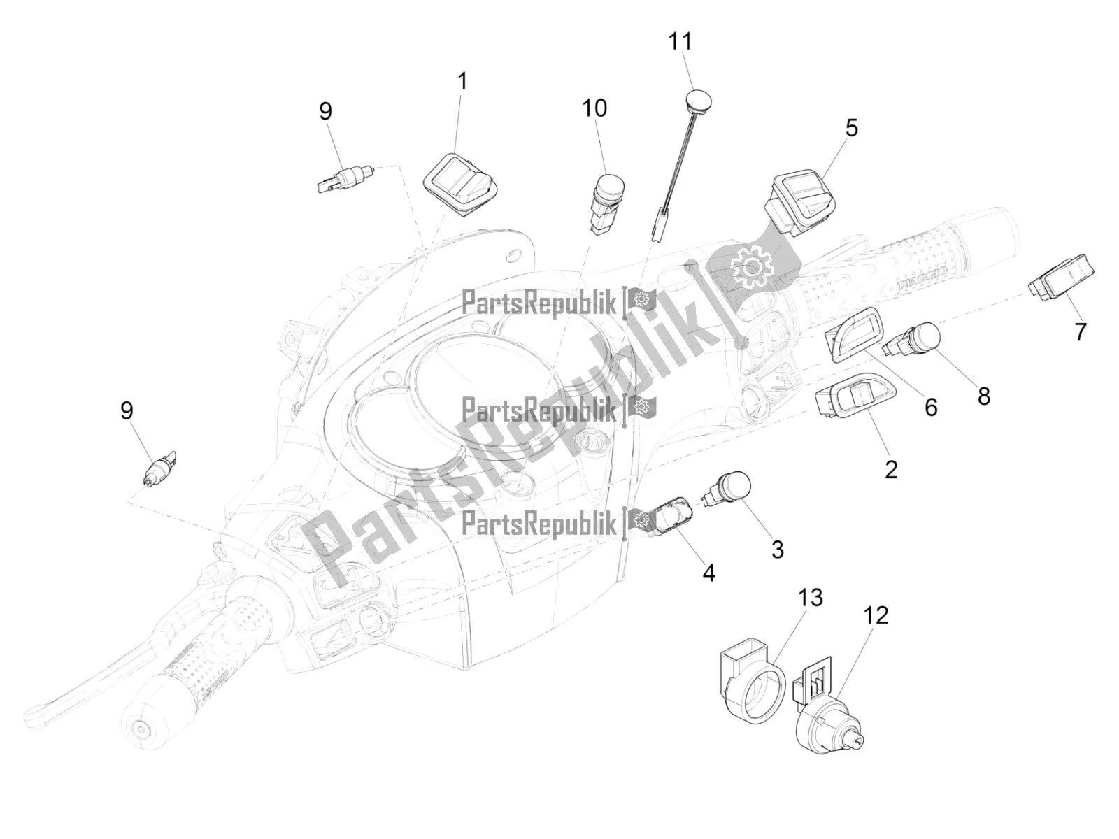 Toutes les pièces pour le Sélecteurs - Interrupteurs - Boutons du Piaggio BV 350 4T 4V IE E4 ABS USA / CA 2018