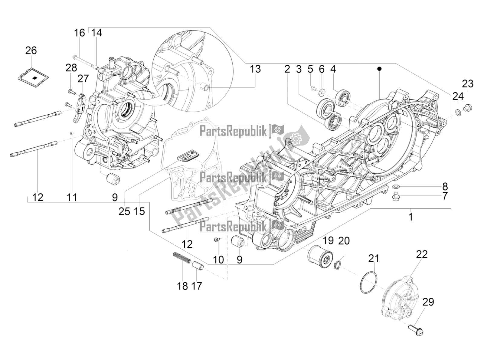 Todas las partes para Caja Del Cigüeñal de Piaggio BV 350 4T 4V IE E4 ABS USA / CA 2019